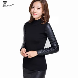 Winter Basic Pullovers Sweaters Hot Women Fashion Long Sleeve Slim Elegant Lady Patchwork Faux Leather Black Top Knitted Sweater