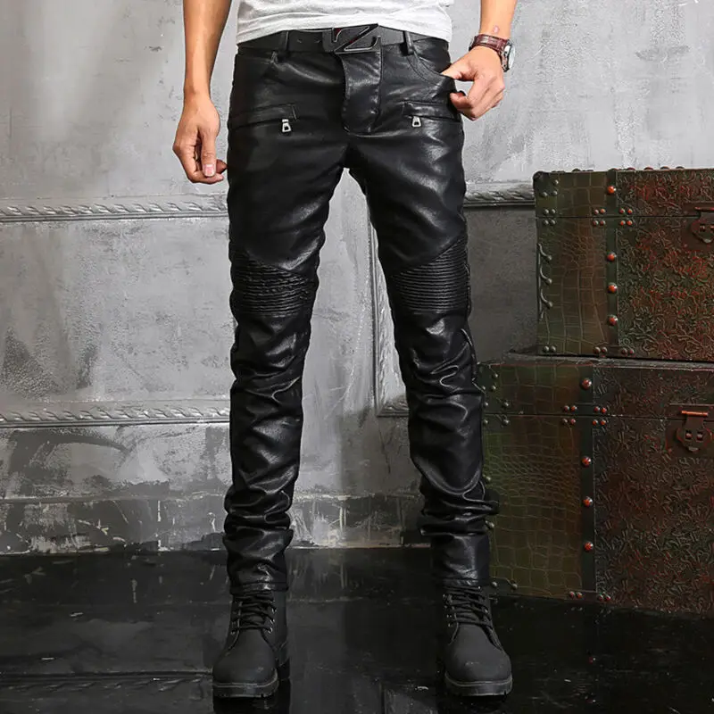 New France Style Mens Ripped Moto Pants Ribbed Skinny Black PU Leather Biker Slim Trousers Pencil Pants Size 29-40