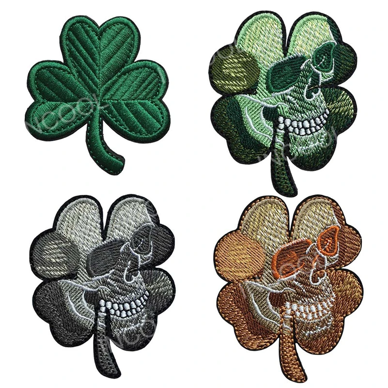 Embroidery Patch Irish Clover Skull Head Hook&Loop Fastener Patch Appliques Embroidered Patches For Clothing