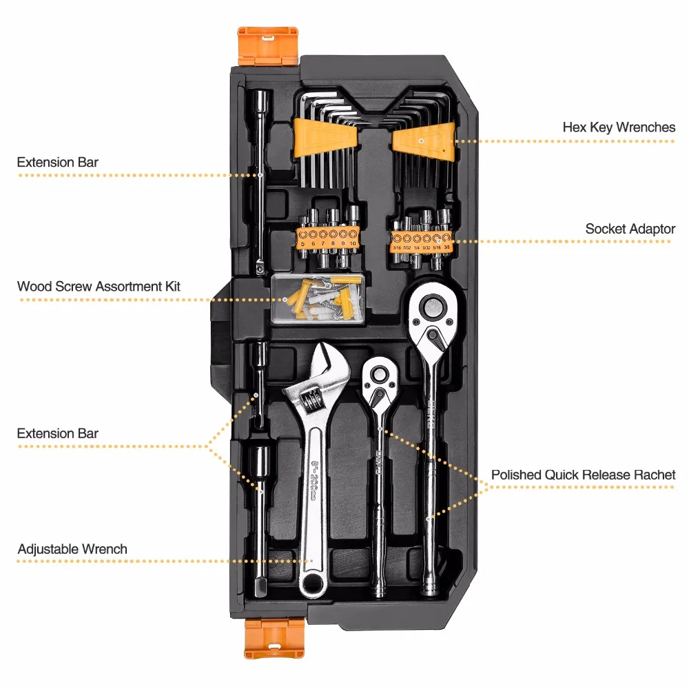 DEKO 192 198Pcs Professional Car Repair Tool Set Auto Ratchet Spanner Screwdriver Socket Mechanics Tools Kit W/ Blow-Molding Box