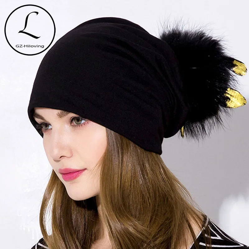 

GZHILOVINGL Women's Slouchy Beanie Hat With Feather Fur Pom Pom Hat Cotton Solid Skullies Beanies Women Ladies Girls Winter Hats