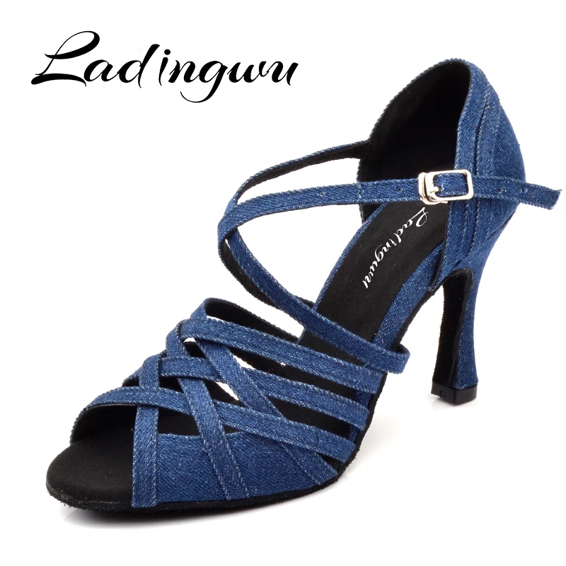 Ladingwu Women Dance Shoes Latin Salsa Tango Blue Denim Dance Shoes Woman\'s Ballroom Paty Profession Dance Shoes Cuban heel 9/10