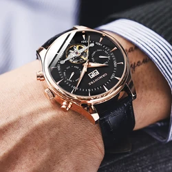 Skeleton Tourbillon Mechanische Uhr Männer Automatische Klassische Rose Gold Leder Mechanische Handgelenk Uhren Reloj Hombre 2018 Luxus