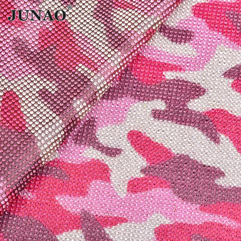 JUNAO 24*40cm Pink Camouflage Self Adhesive Glass Rhinestone Fabric Trim Crystal Sheet Diamond Mesh Beads Appliques Banding