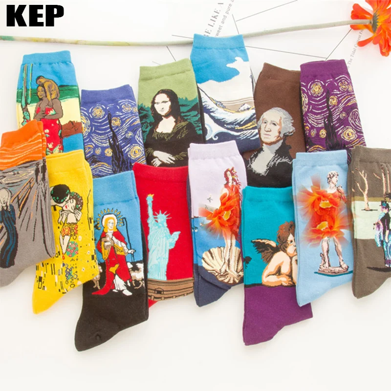 Art Harajuku Starry Night Autumn Winter Retro Men Cotton Socks Van Gogh Mural World Famous Oil Painting Mona Lisa Fashion Socks