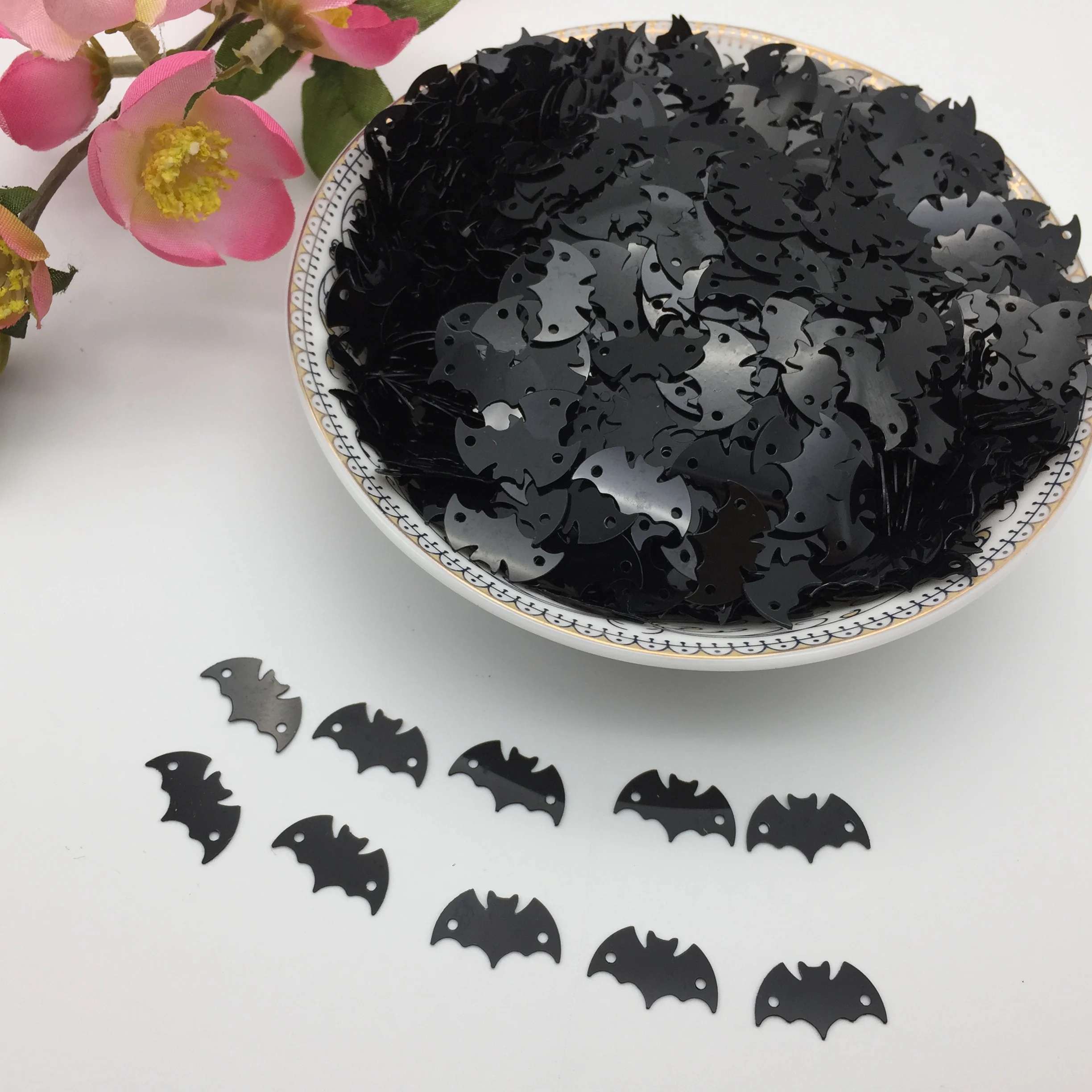 50g/lot 15mm Black Halloween Bat Sequins PVC Flat Paillette Crafts For Sewing Easter DIY Accessories With 2 Holes