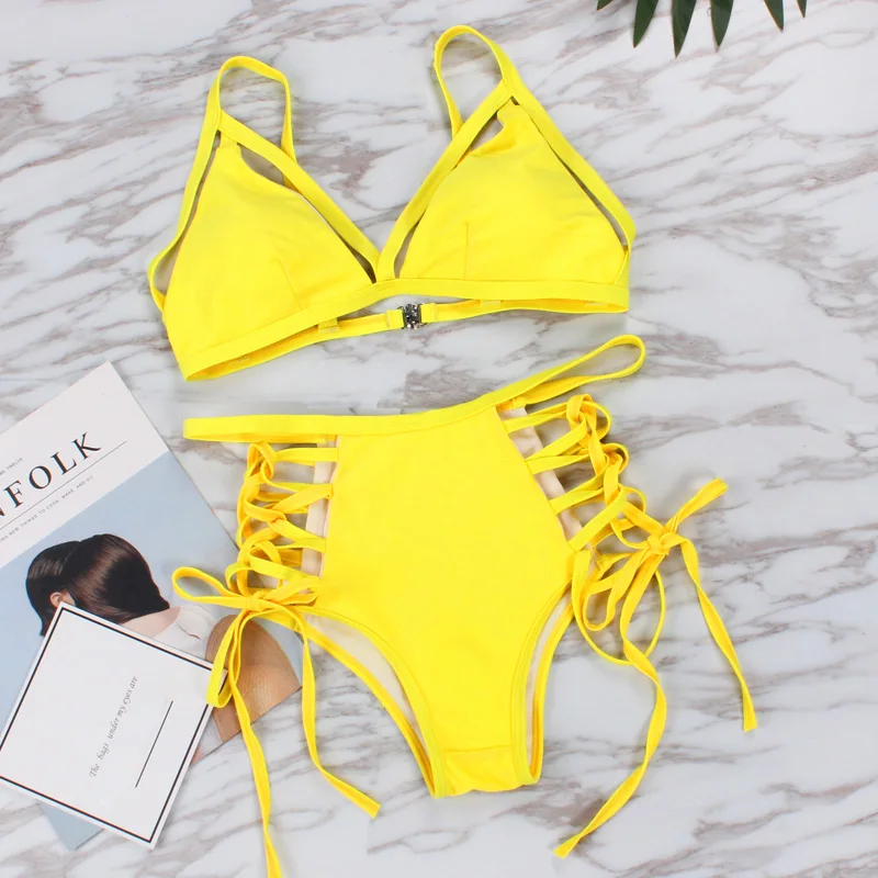 2022 Vintage neonowy żółty Bikini Set Sexy strój kąpielowy kobiety stroje kąpielowe wysokiej talii strój kąpielowy Push Up Bandeau brazylijskie Bikini
