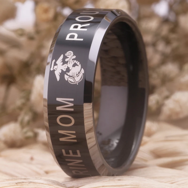 YGK Jewelry Proud MARINE MOM Design Black With Shiny Bevel Tungsten Ring Classic Men's Wedding Engagement Anniversary Gift Ring