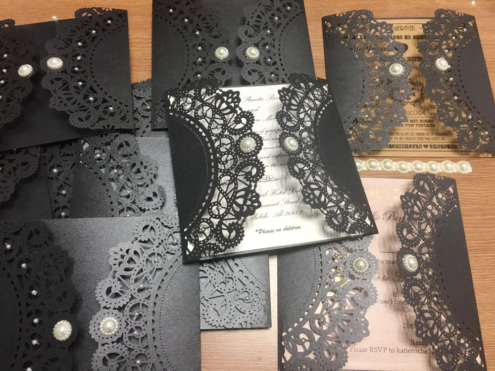 Laser Cutting Invitations Black Wedding Invitation With Customized Wording - Set of 50