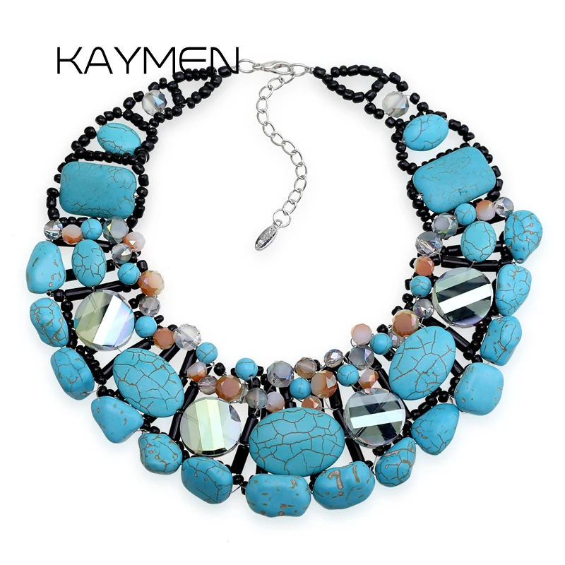 New Synthtic Turquoise Weaving Statement Crystals Necklace for Women Girls Handmade Luxury Chokers Costume Jewelry Drop-shipping