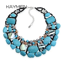 Popular High-end Statement Turquoise Necklace, Fashionable Handmade Crystals Beaded Bib Choker Necklaces for Women Party Jewelry