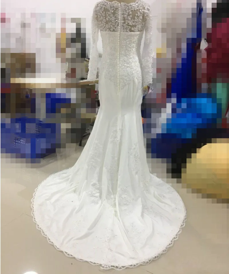 Robe de mariée sirène en dentelle, manches longues, perlée, Sexy, dos nu, 2019