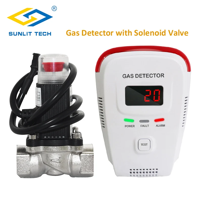 Natural Gas LPG Leak Sensor Gas Alarm Voice Prompt with DN15 Solenoid Valve Auto Shut Off for Smart Home Security Protection