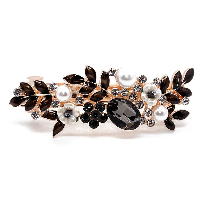 Elegant Purple Black Crystal Leaf Flower Hair Barrette Luxury Pearl Rhinestone Clip For Women Girls Hair Jewelry