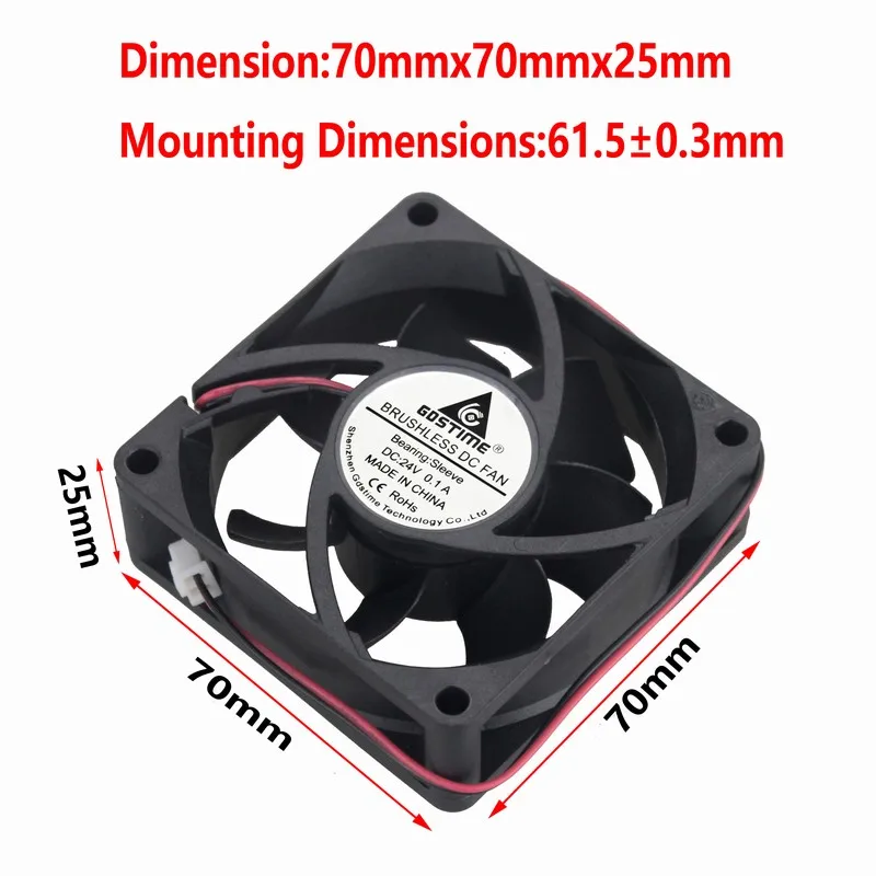 

Gdstime 10 Pcs 2Pin DC 24V 70x70x25mm PC Computer Case CPU Cooling Fan 70mm x 25mm 7025s Motor Brushless Cooler 7cm