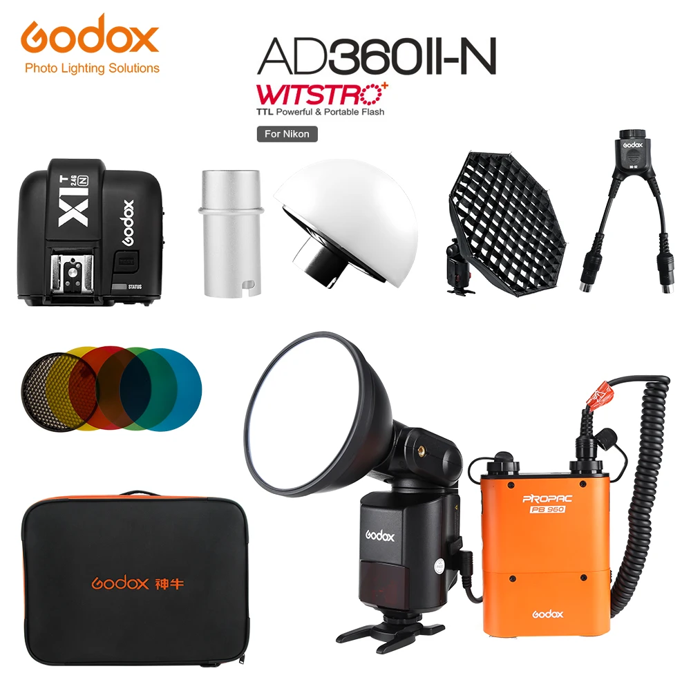 Godox AD360II-N TTL Powerful Speedlite Flash+PB960 Power Pack Orange or Black+X1T-N TTL Transmitter+ Softbox + Carry Bag Kit