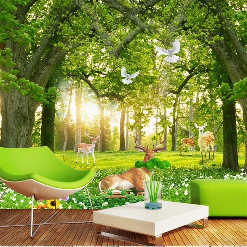 

wellyu Custom wallpaper fresh forest Elk 3D TV background wall custom large mural green wallpaper papel de parede para quarto