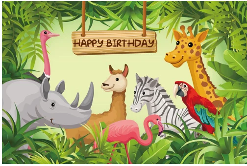 

7x5FT Safari Jungles Happy Birthday Zoo Flamingo Giraffe Zebra Rhino Custom Photo Backdrop Background Banner Vinyl 220cm x 150cm