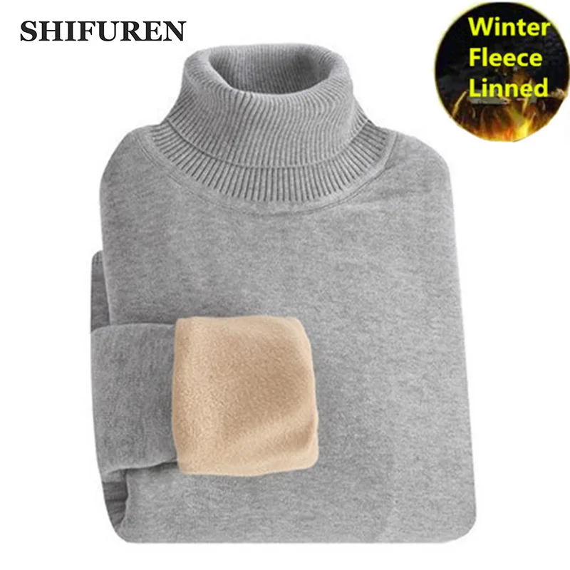 SHIFUREN Winter Thick Warm Sweaters Men Turtleneck Fleece Linned Long Sleeve Pullovers Knitwear Male Jumpers Jersey Sweaters