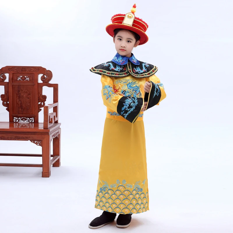 

Chinese Children Emperor With Hat Costume Chinese Ancient Hanfu Dance Costumes Kids Qing Dynasty Boy Traditional National Robe 8