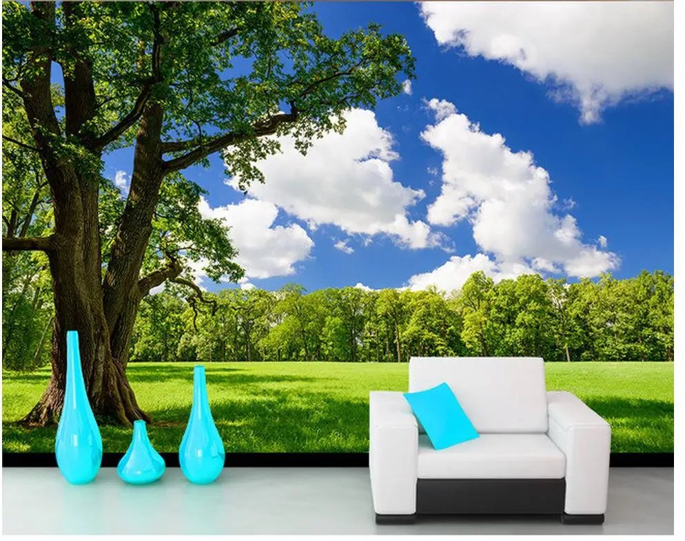 

custom 3d wallpaper Tree blue sky white clouds grass TV background wall photo 3d wallpaper Home Decoration