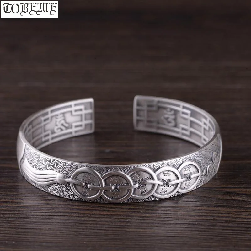 

Handmade 100% 999 Silver Good Luck Bracelet Lucky Coin Symbols Cuff Bracelet Pure Silver Women Bracelet