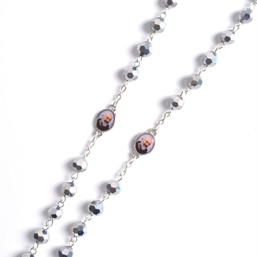 عقد سبحة مع خرز معدني متعدد الأوجه ، عصري ، قطعة مركزية وقلادة ، St Pio #5