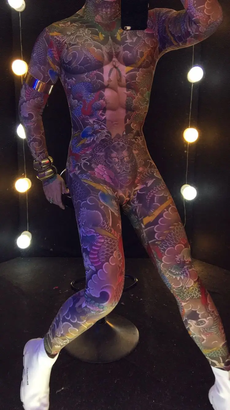 Halloween Nightclub Men Singer Pole dancing Costume Nude Printing Rune Tattoo Jumpsuit Stretch Leotard Jumpsuits DJ Stage Wears