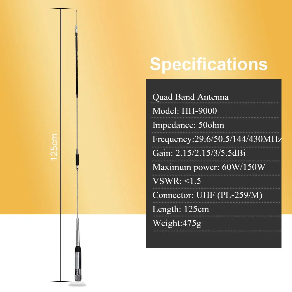 HUAHONG Mobile Antenna HH-9000 Quad Band 29.6/50.5/144/435MHz for TYT TH-9800 QYT KT-7900D Two Way Radio Accessories