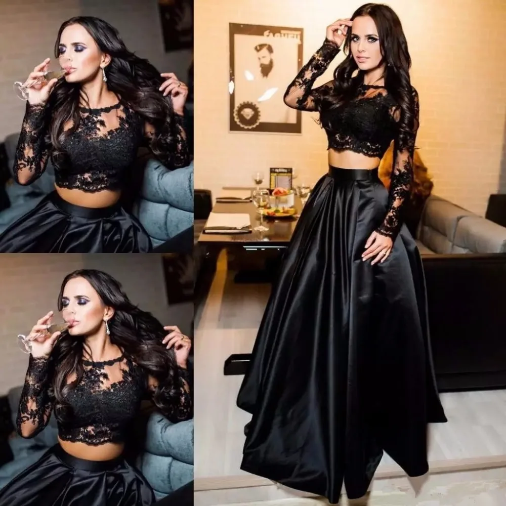 Black Two Pieces Prom Dresses Jewel Neck Illusion Long Sleeves Lace Appliques Plus Size Party Dress Evening prom Gowns