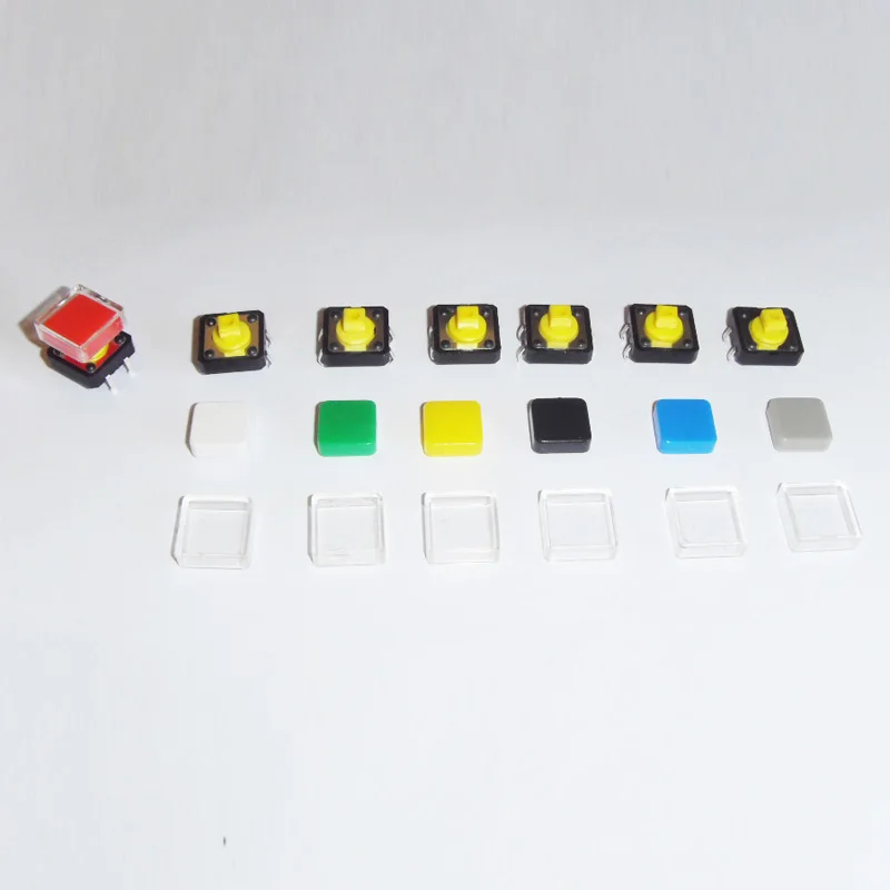 140pcs/lot 12*12*7.3mm DIP Tactile Push Button with colorful Cap and transparent Cover Tact Switches 12x12mm Colorful