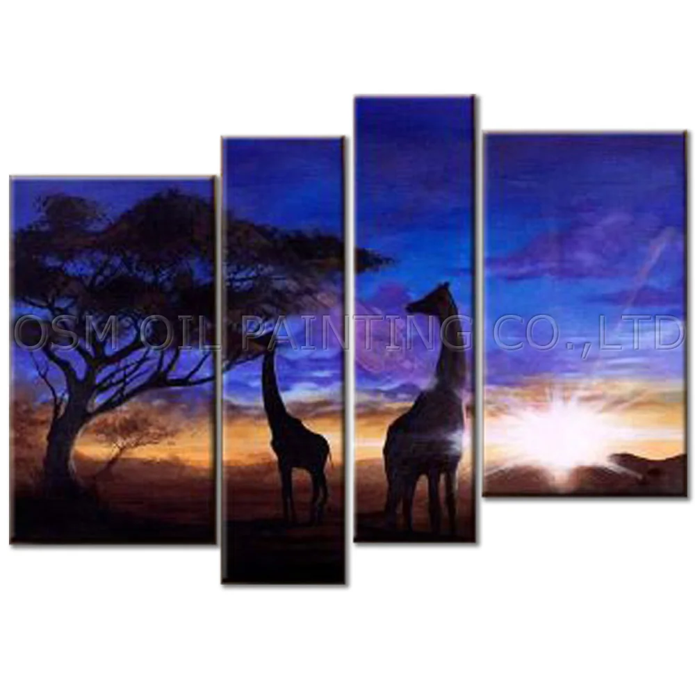 Professional Artist Handmade High Quality Beautiful Deep Blue and Purple Sky African Landscape and Giraffe Oil Painting