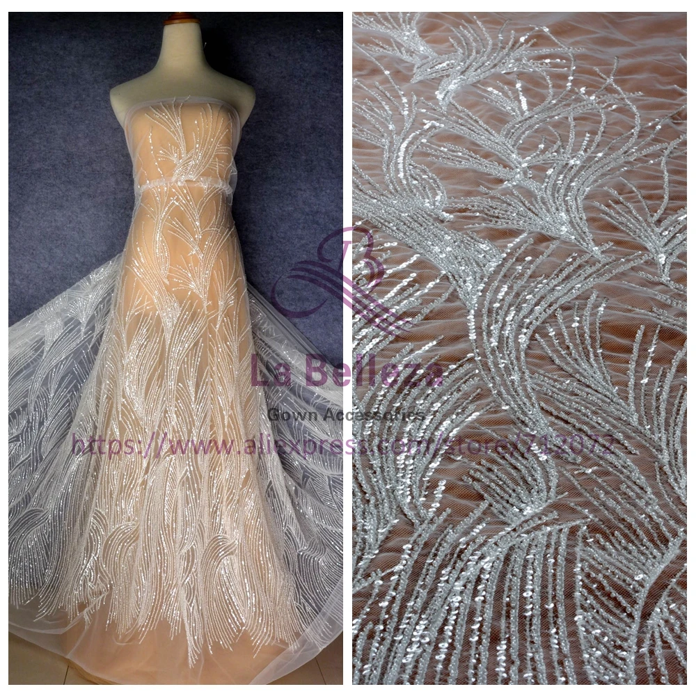 La Belleza off white simple beautiful beading wedding/ evinging dress lace fabric 1 yard