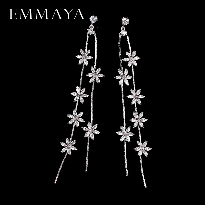 EMMAYA New Long Earrings White Gold-color Fashion Flower Cz Beads Tassel Dangle Earrings for Women Wedding Jewelry Wholesale