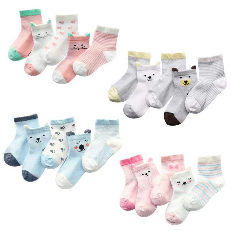 5 Pairs Summer Baby Cartoon Bear Mesh Cotton Socks Kids Boys Girls Breathable Cotton Thin Socks for Toddler 0-3 Years