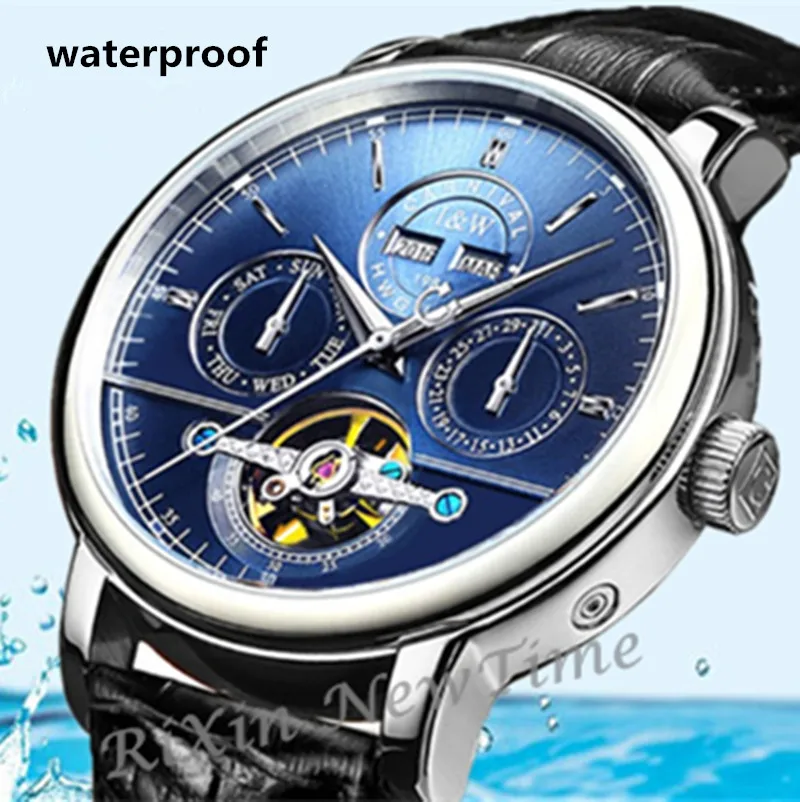 Carnival tourbillon Men Top Brand Automatic Mechanical Watches Luxury genuine leather Waterproof Watch full steel montre homme