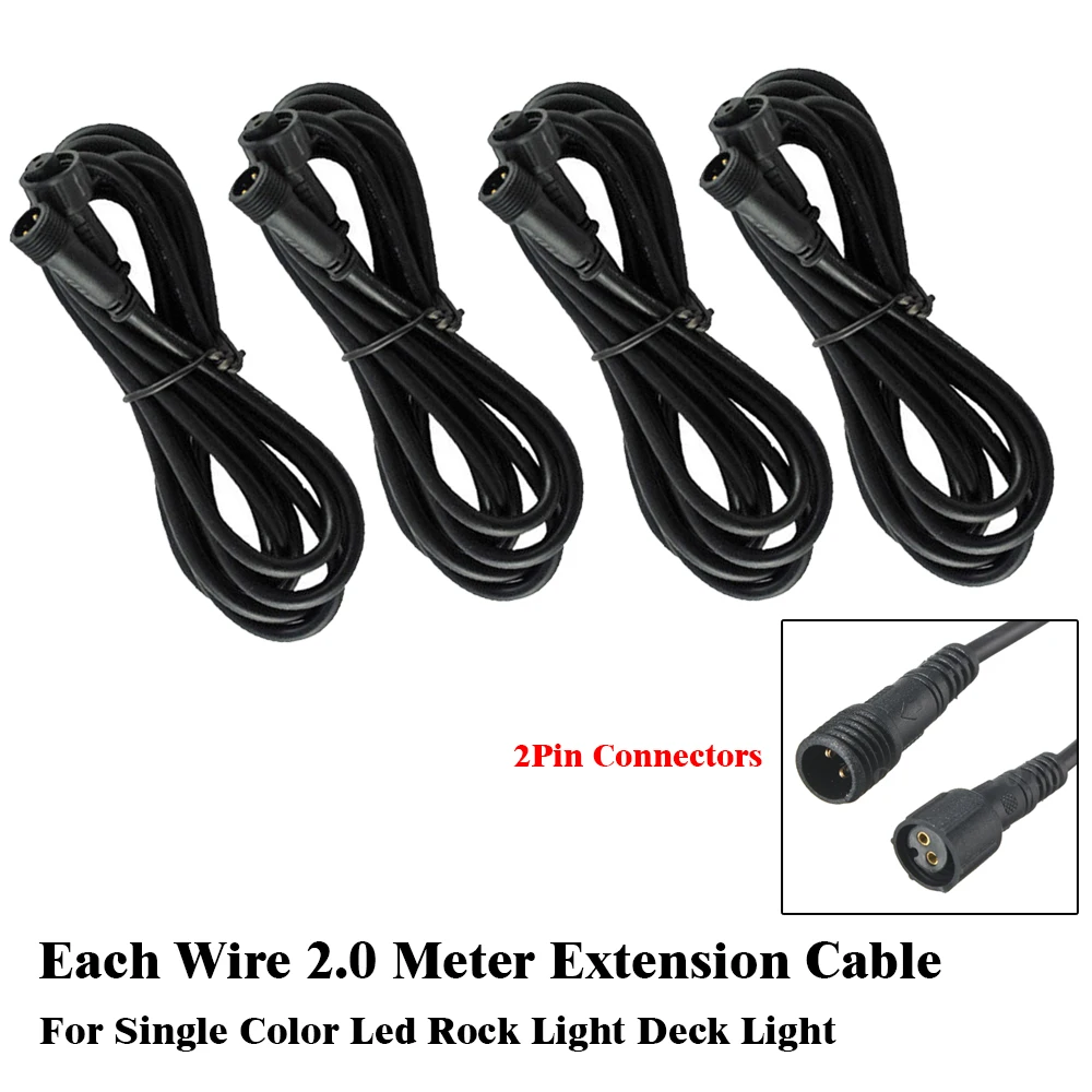 4x 6.56FT 2pin IP68 Extension Cable Wire Waterproof Male Female Connectors For Single Color LED Rock Light 4 & 8 Pods SUV 4X4WD