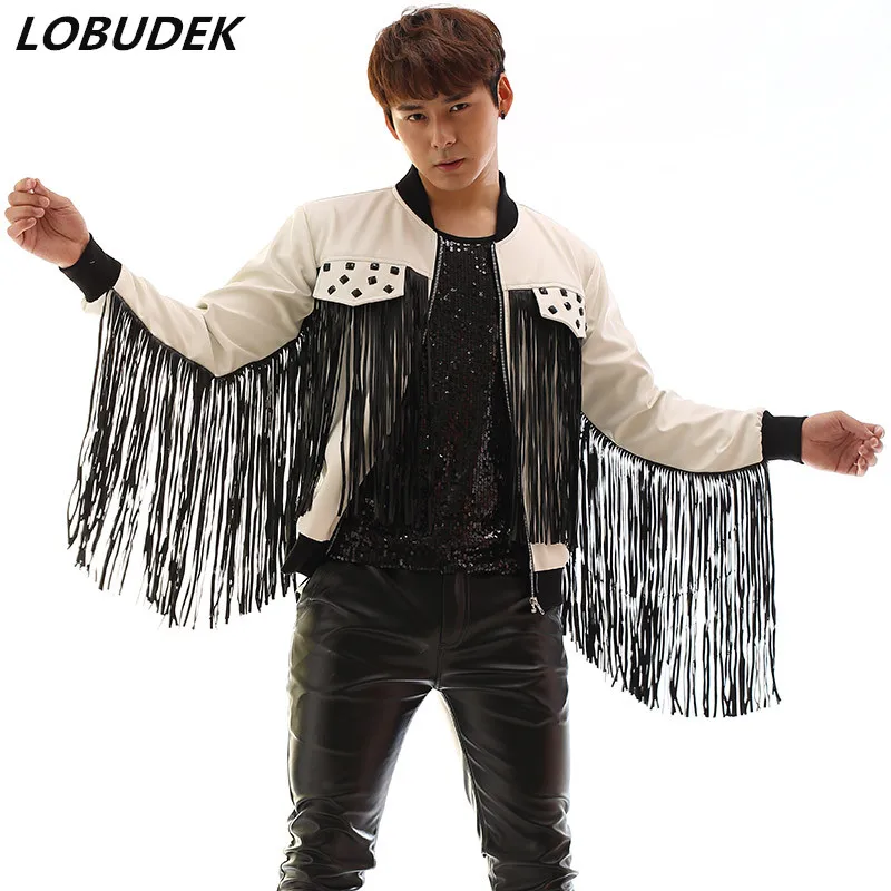 

Male Singer Dancer Leather Jacket Coat Black White Tassel Rivet Zipper Outerwear Concert Stage Performance Faux Leather Costume