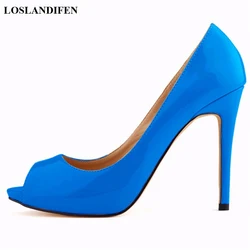 14 Farben Peep Toe elegante Frauen Pumps neue Lack leder High Heels Schuhe Dame Mode Plattform flache Hochzeit Schuh kleid