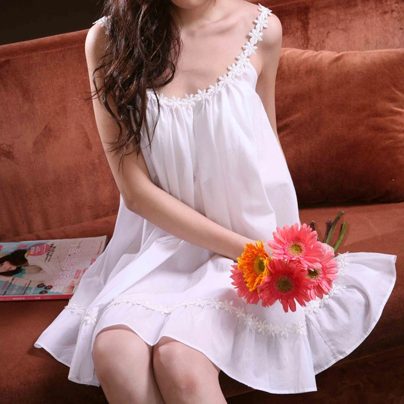 

Fashion summer 100% cotton princess sexy white spaghetti strap nightgown female quality plus size sleepwear lounge skirt 9001