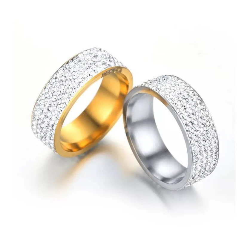 Wholesale Jewelry -- Titanium steel 5 Row Lines Clear Crystals Rings for Men Women No Change Color