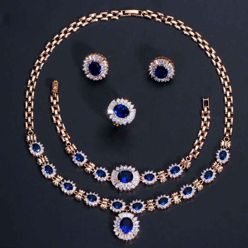 ThreeGraces Nigerian Women Red Cubic Zirconia Crystal Earing And Necklace Bracelets Ring Gold Color Wedding Jewelry Set JS167