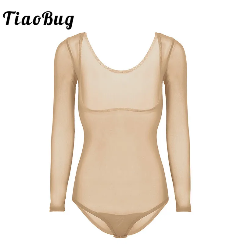 TiaoBug Women Practice Belly Dance Bottoming Bodysuit Mesh Sheer Underbust Leotard with Thong Lady Dance Bodystocking Underwear