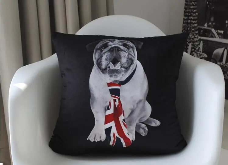 Geeky Bulldog Pillow Case Velvet Bulldog Union Jack Tie Cushion Cover Black Decorative Animal Car Cushion Case Peg Gift Decor