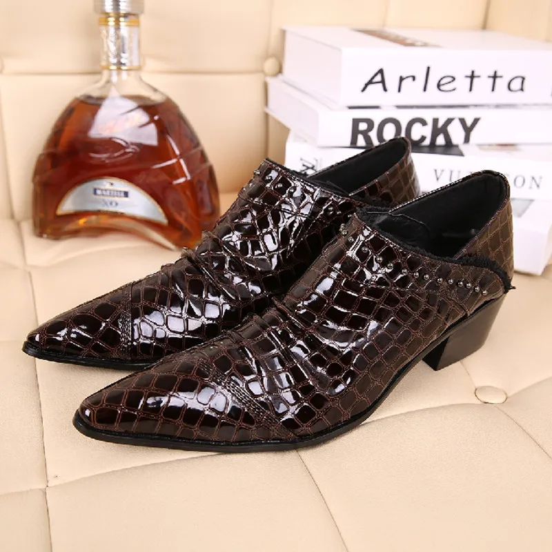 

Celebrity Luxury alligator shoes for men balck spiked loafers chunky high heels dance shoes studded mocassin homme plus size