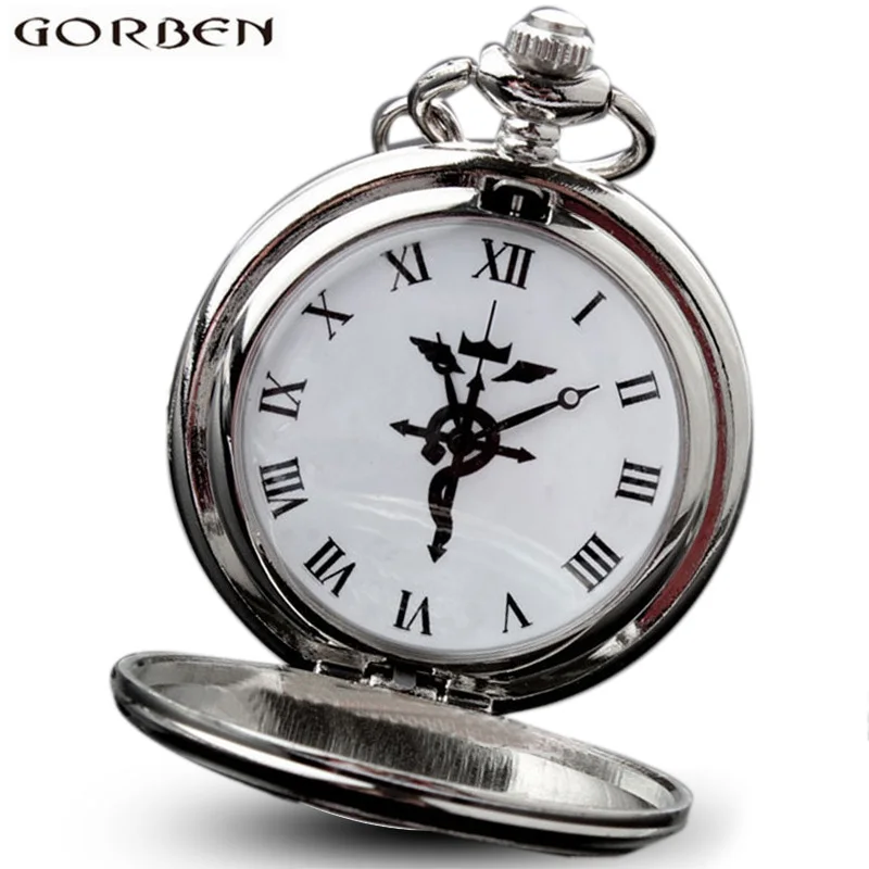 Vintage Full Metal Alchemist Cosplay Pocket Watch Necklace Chain Pendant Clock Steampunk Edward Elric Fob Watches For Men Women