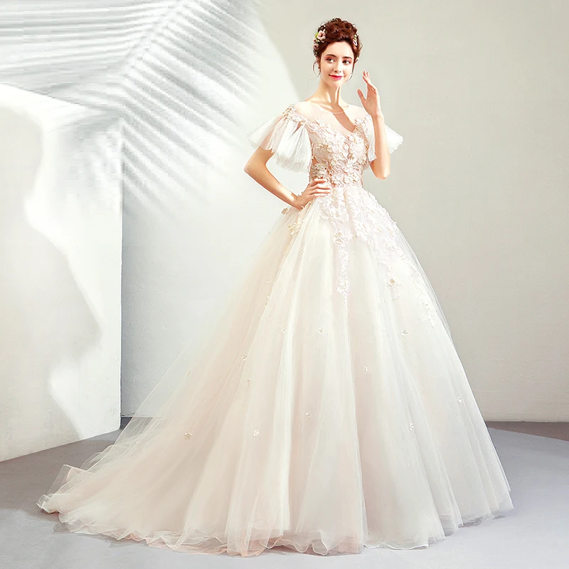 Illusion Bodice Princess Ball Gown Bridal Dress Short Puff Sleeves Covered Button Back Sweep Train Wedding Dresses