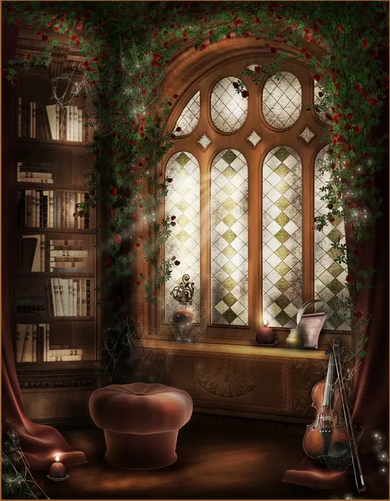 

10x10FT Flowers Branch Arch Window Music Room Books Cabinet Guitar Sofa Custom Photo Studio Backdrop Background Vinyl 8x8 8x10