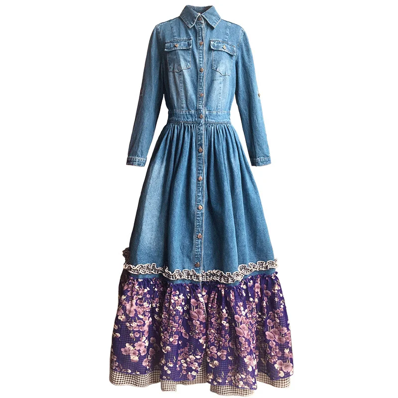 Free Shipping 2022 Bohemian Long Maxi Denim Chiffon Patchwork Spring Boshow Three Quarter Sleeve Jeans Dress With Flower Belt