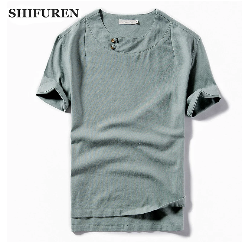 

SHIFUREN Summer Retro Linen Cotton Shirts Men Short Sleeve Loose Fit Breathable Male Chinease Traditional Kung Fu Social Shirts